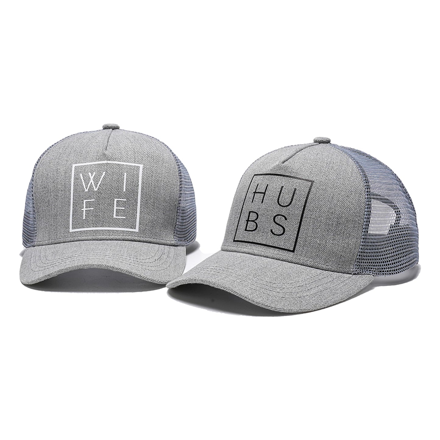 Heather Gray Hubs and Wife Trucker Hats Set of 2 Mr and Mrs Gifts Wedding Gifts for Couples Honeymoon Essentials/Outfits Bride and Groom Gifts His and Hers Hats Engagement The Marriage Gifts