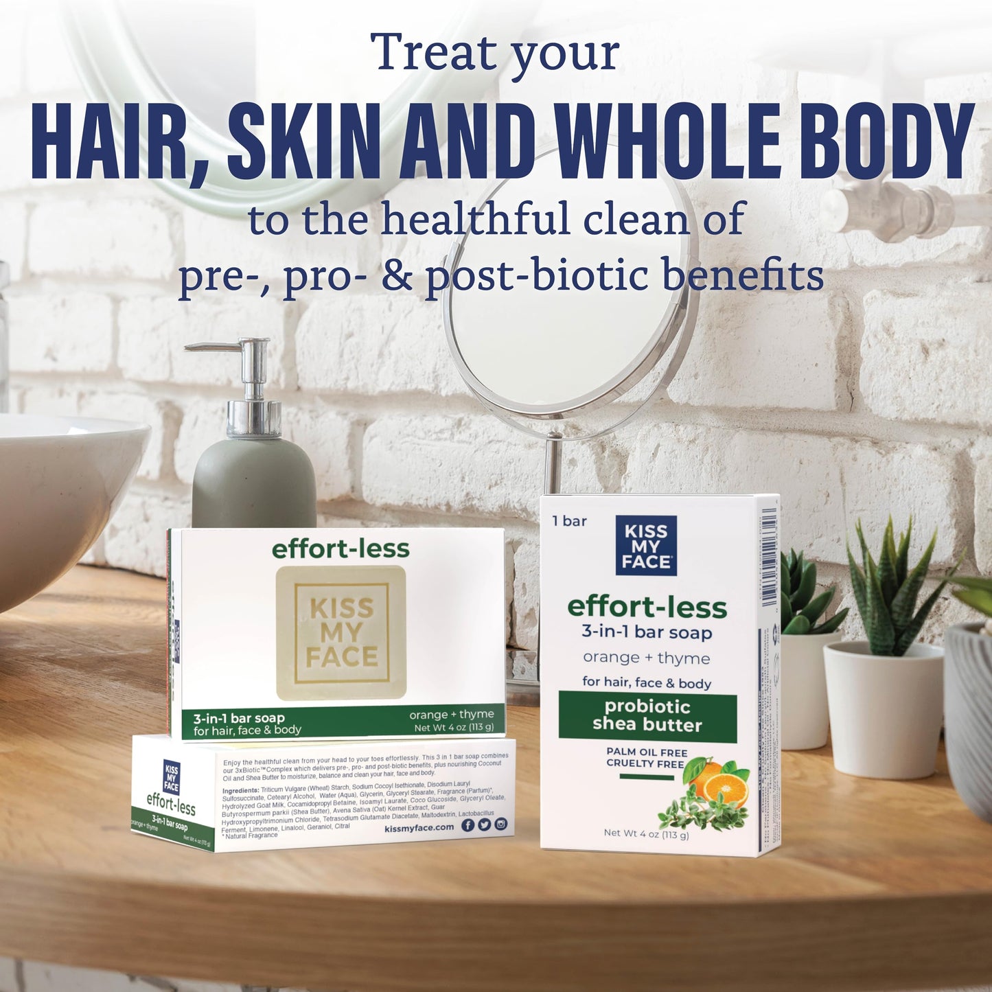 Kiss My Face Effort-Less 3-in-1 Bar Soap - Orange + Thyme - Probiotic Bar Soap for Face, Hair, and Body with Shea Butter - Palm Oil-Free and Cruelty-Free Soap (Orange + Thyme, Pack of 1)