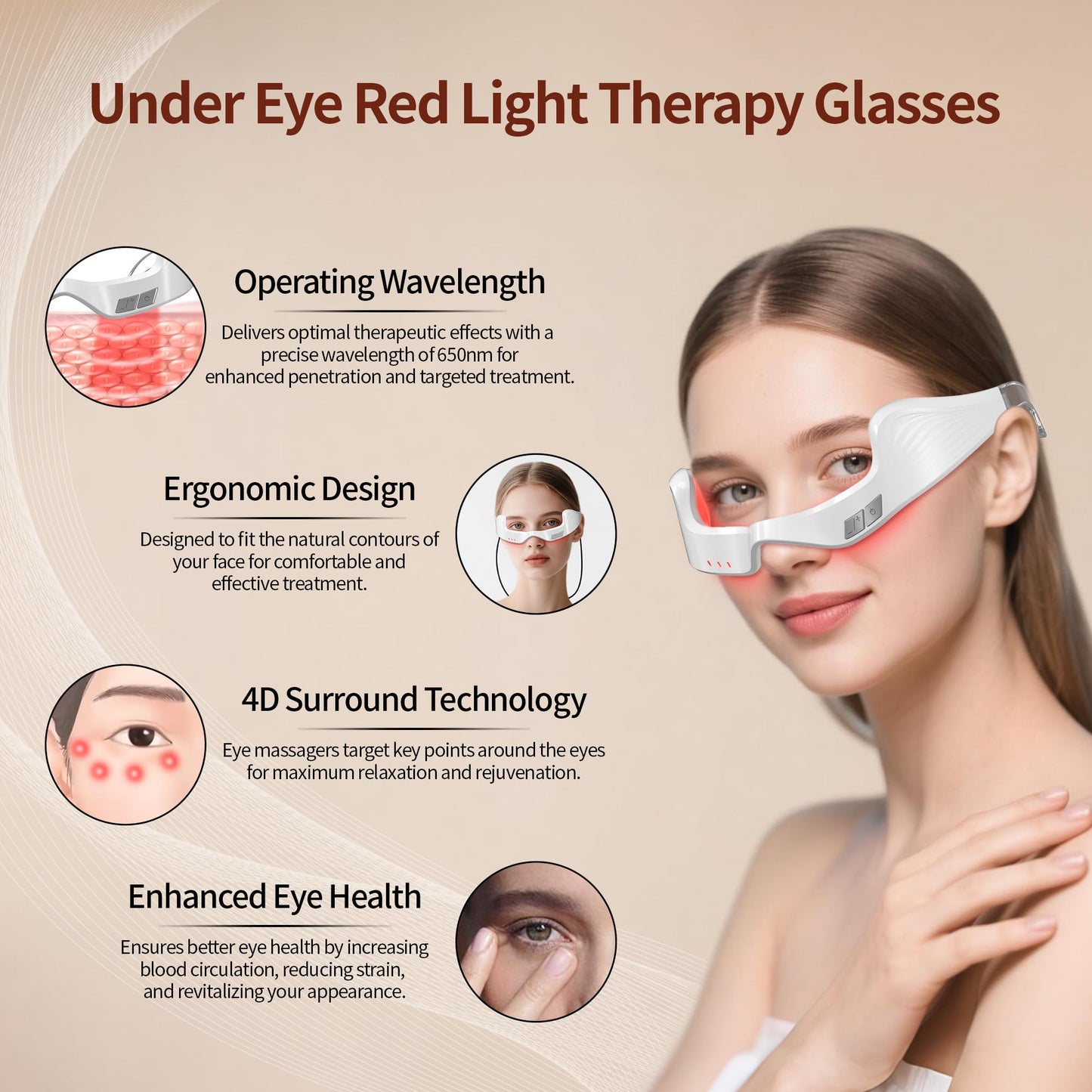Queleay Under Eye Red Light Therapy Device, 650nm Red Light Therapy Eye Massager for Relieve Eye Bags, Eye Fatigue, Dark Circles, with Glasses Strap, Light-Weight, Hands-Free Use