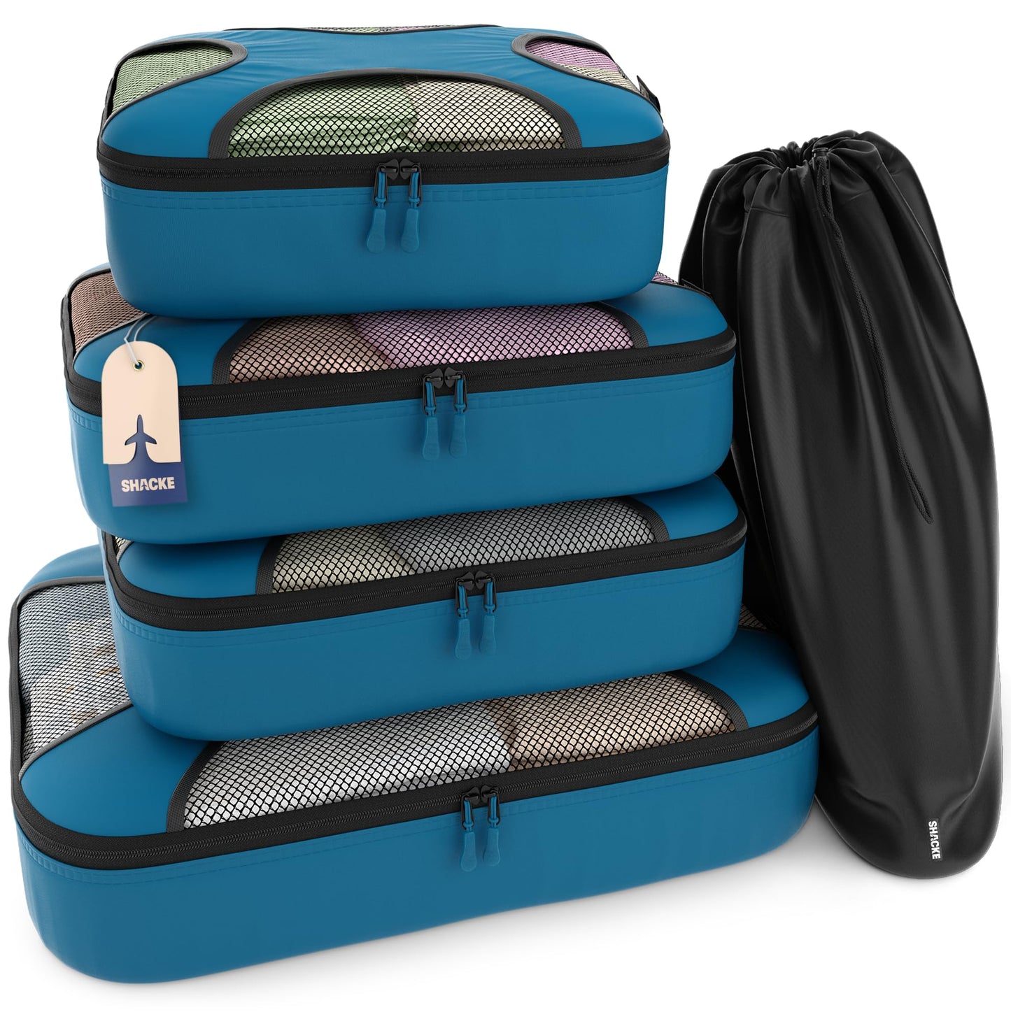 Shacke Premium 5 Packing Cubes Set - Lightweight Mesh Travel Luggage Organizers with Laundry Bag, 5-Piece Suitcase Storage System (Gentlemen's Blue)