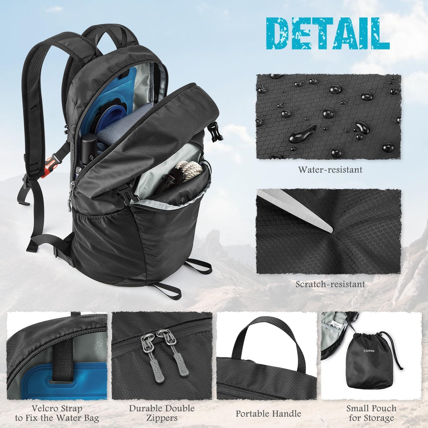 G4Free Hiking Backpack with Thickened Back Panel Packable 25L Lightweight Foldable Travel Daypack for Men Women(Black)