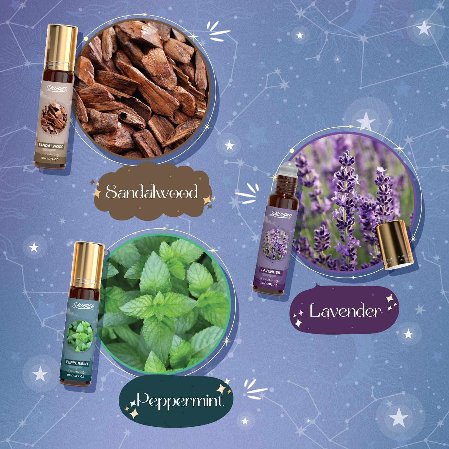 SALUBRITO Wellness Essential Oil Roll On Gift Set, Aromatherapy Oil with Roller Ball for Body Skin, Massage - Lavender, Peppermint, Tea Tree, Frankincense, Myrrh, Eucalyptus, Sandalwood Essential Oil