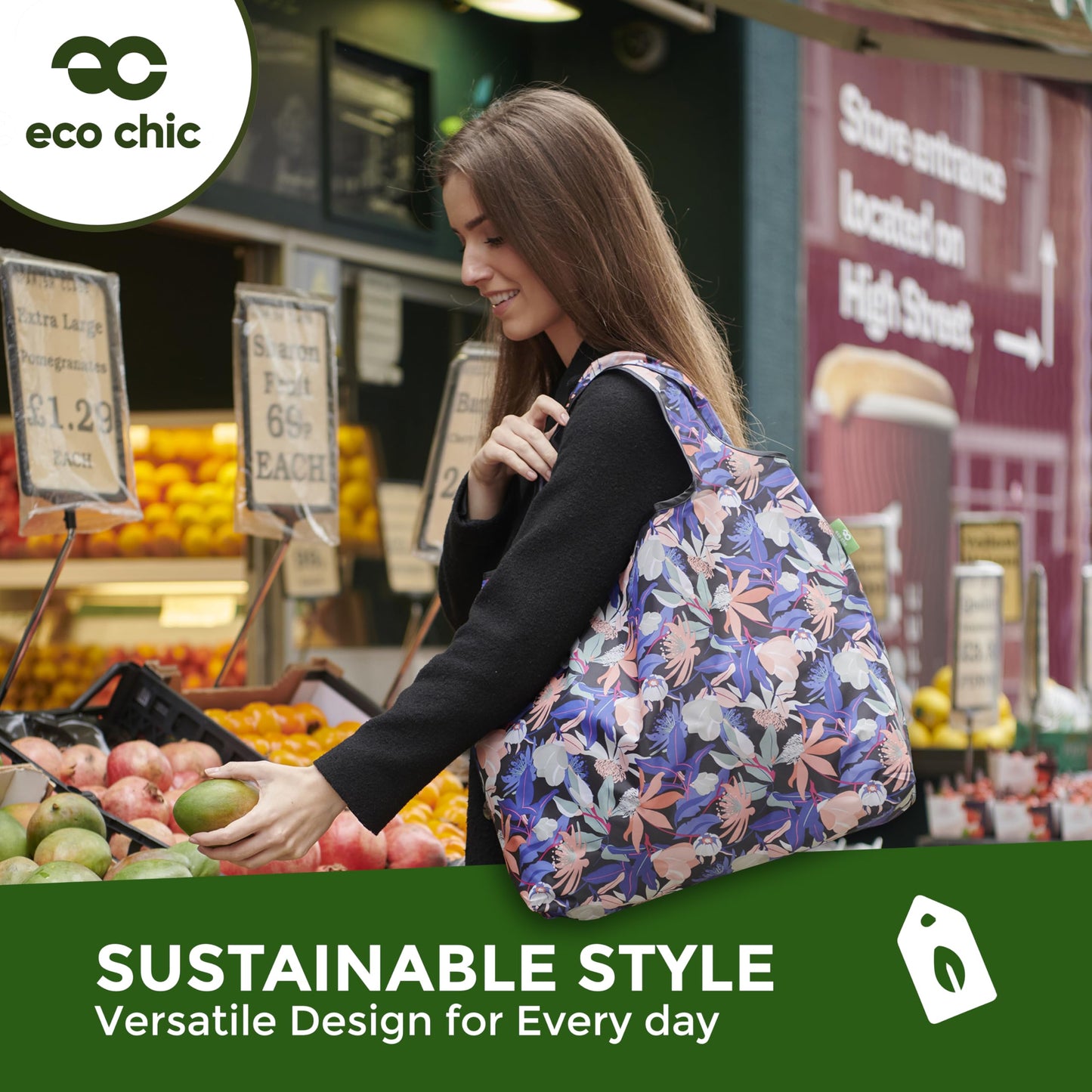 ECO CHIC Foldable Reusable Large Recycled Grocery Bags Lightweight Shopping Tote Bags with Storage Pouch - Collection of 4 bags