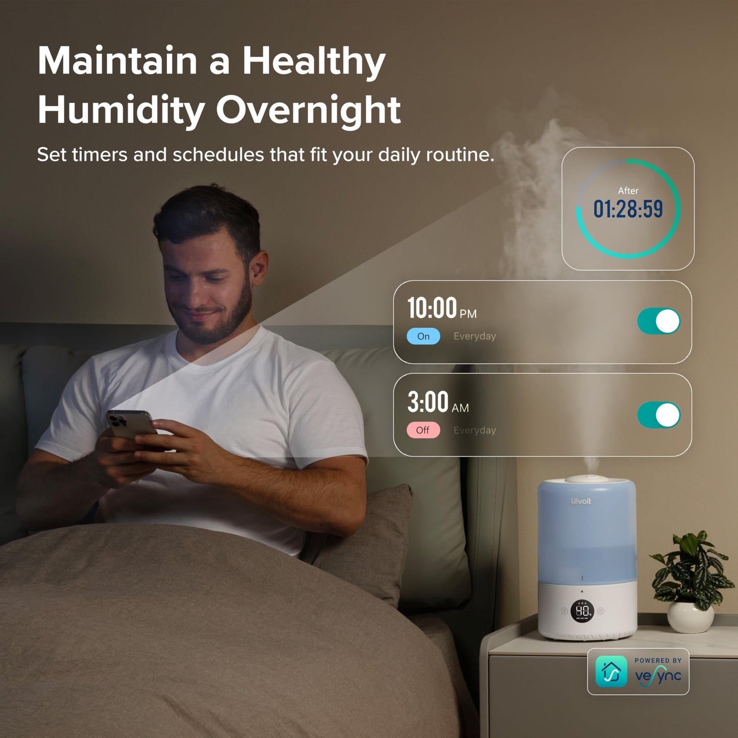 LEVOIT Smart Humidifiers for Bedroom Baby, Top Fill, Customize Humidity for Home, Plants with Humidistat, Essential Oil Diffuser, Schedule, Timer, APP & Voice Control, 3L, Blue