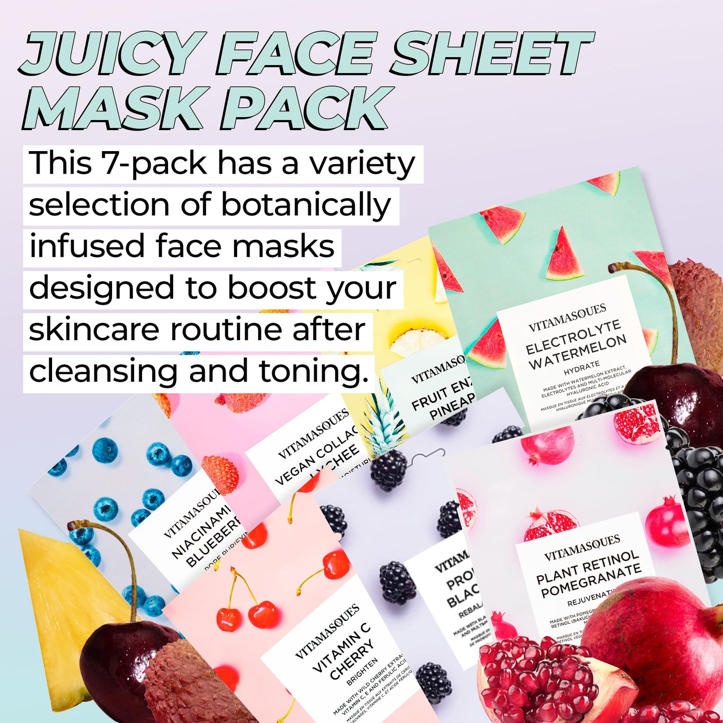 Vitamasques Face Masks Skincare Sheet Kit, 7-Pack - Juicy Collection of Triple-Layer Sheet Facial Masks - Korean Skin Care Pore Purifying, Brightening, and Hydrating