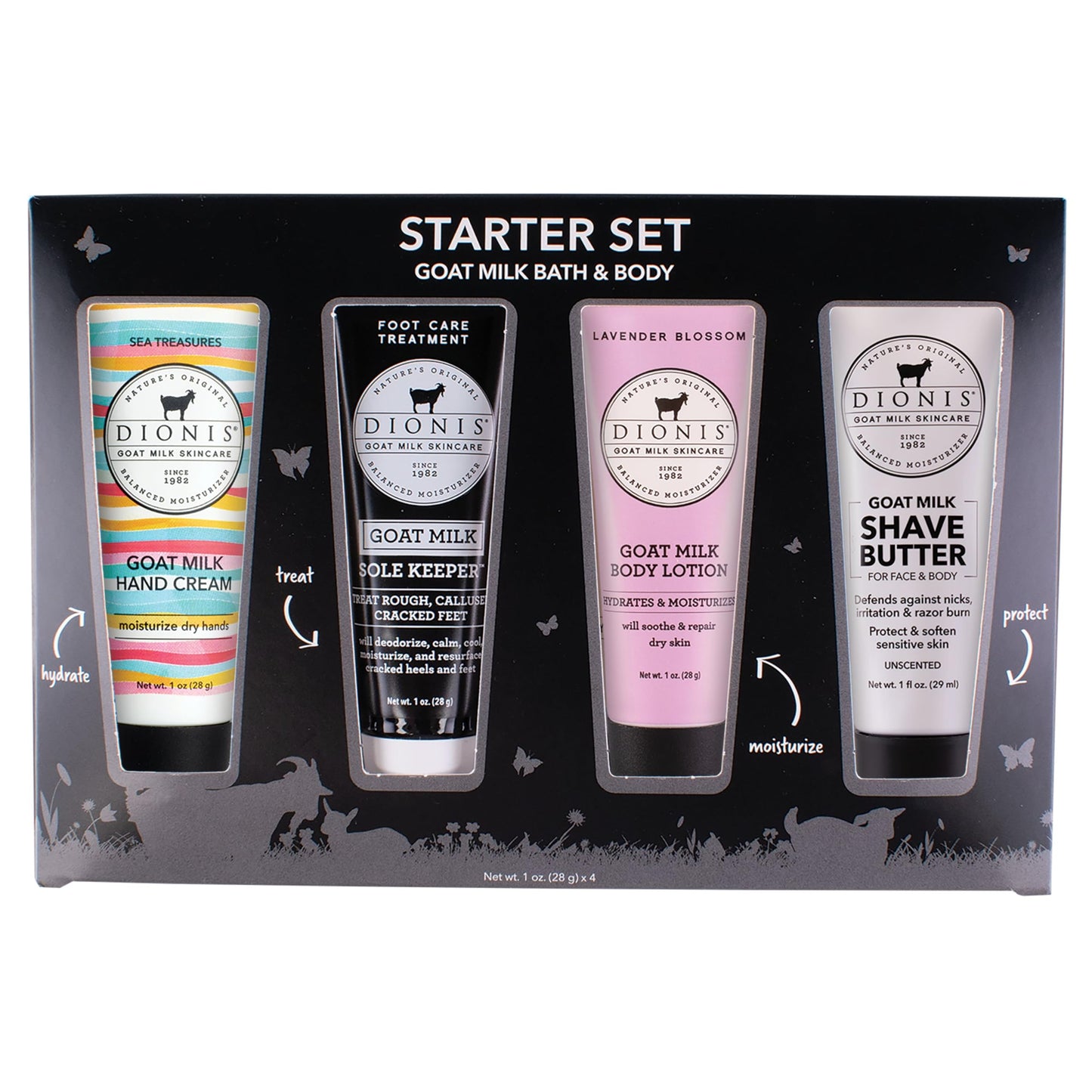 Dionis Goat Milk Skincare Bath & Body Starter Set - Assorted 1oz Scented Travel Size Hand Cream, Foot Cream, Body Lotion, Shave Butter In a Gift Box - Mini Self Care Gifts, Cruelty Free For Dry Skin