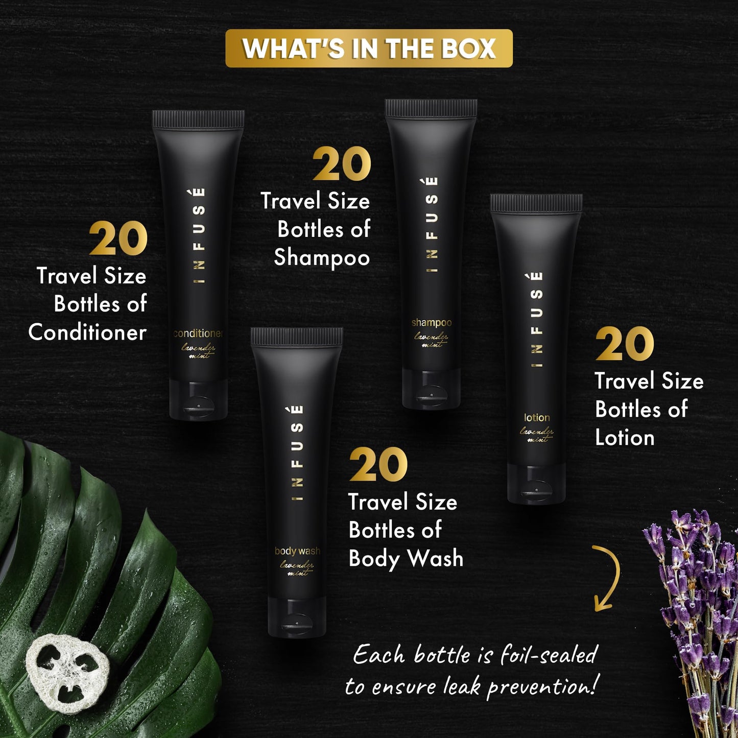 Infuse Black Soaps & Toiletries Bulk Set | 1-Shoppe Amenities Kit for Hotels & Vacation Rentals | 1 oz Shampoo, Conditioner, Body Wash & Lotion | 80 Pieces