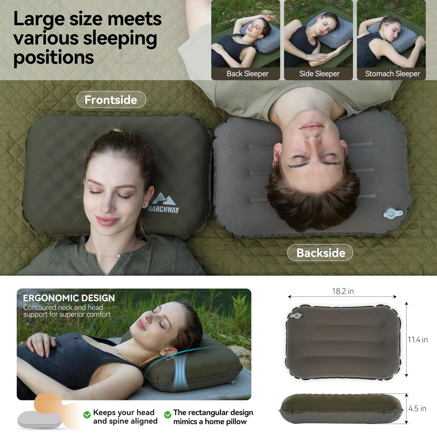 MARCHWAY Inflatable Camping Pillow with Comfortable Foam Top, Dual-Sided Support, Lightweight Compact Travel Pillow for Hiking, Backpacking, Airplane, Car (Green)