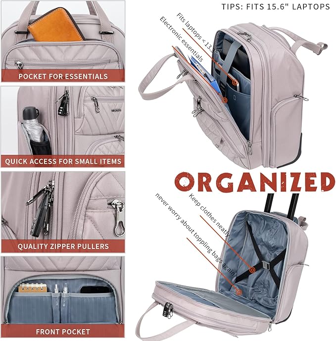 KROSER Carry On Underseat Multi-functional, 16-inch Underseater Lightweight Overnight Suitcase for Women, Dusty Pink