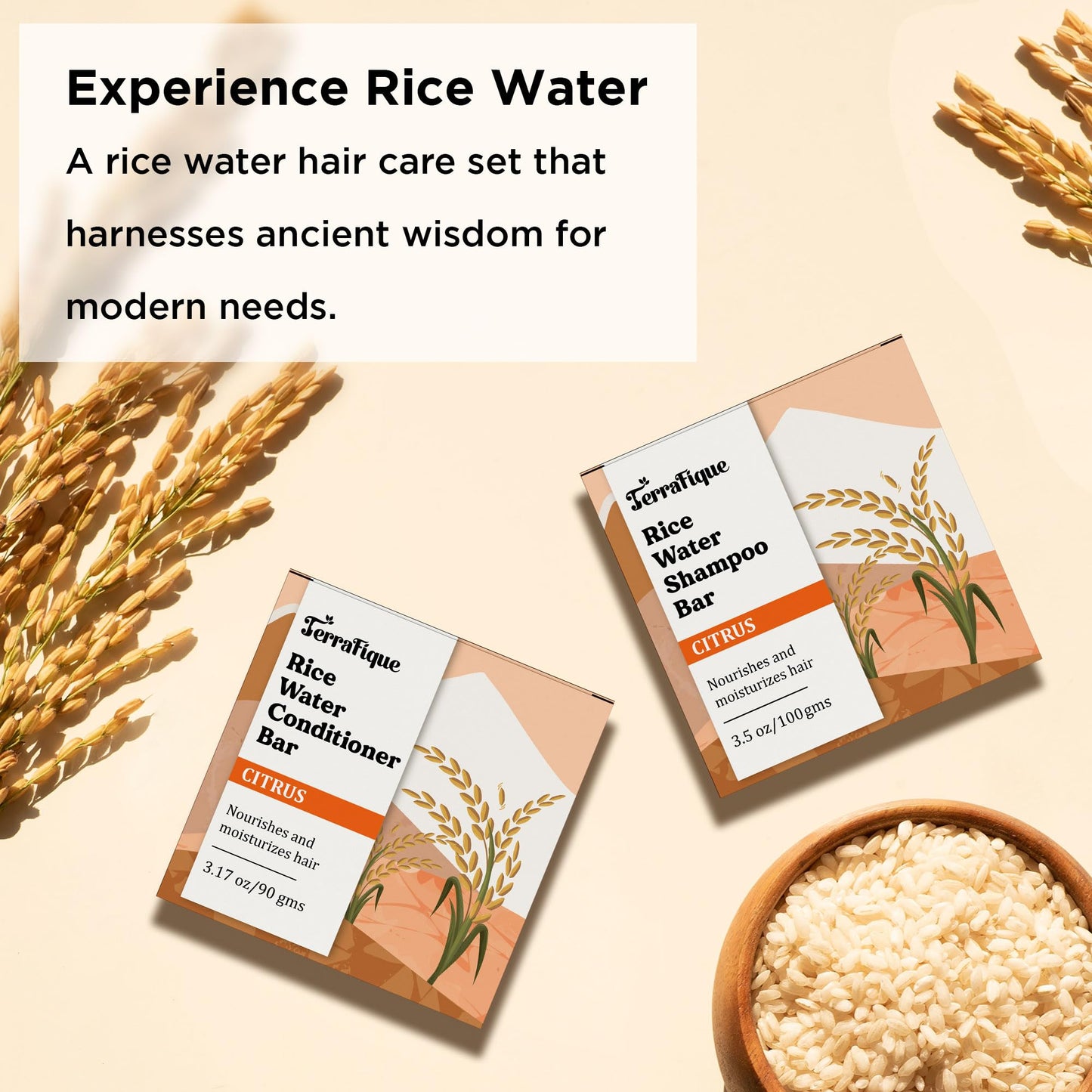 Terrafique Rice Water Shampoo and Conditioner Bar Set - Citrus Scent - for Thinning, Dry, Damaged Hair - Travel Friendly - 3.17 Oz