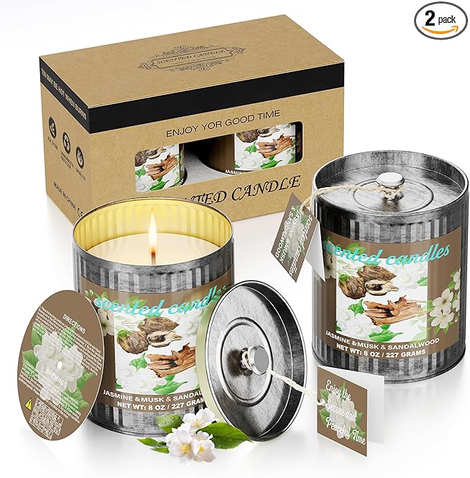 Jasmine&Musk&Sandalwood Scented Candle Set | 2Pack 16oz 80H Burn Time,8% Essential Oils | Smoke-Free Pure Soy Wax | Aromatherapy for Relaxing,Yoga Meditation Spa,Gift Set for Men/Women/Father's Day