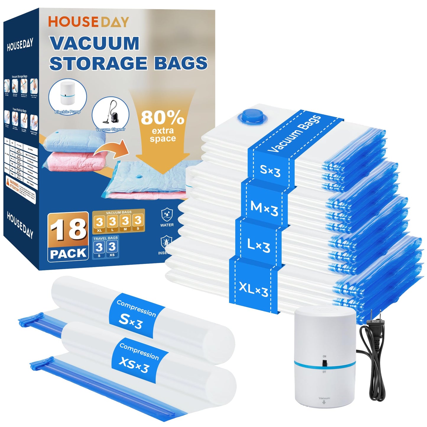 HOUSE DAY 18 Pack Vacuum Storage Bags with Electric Pump, Valve, Space Saver Vacuum Seal Bags for Clothing, Comforters, and Travel Essentials 3 Jumbo,3 Large,3 Medium,3 Small/3 Small,3 XS Roll Up Bag