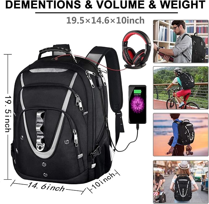 17 inch Laptop Backpack, Large Travel Backpack for Men Airline Approved with USB Charging Port and TSA Friendly, RFID Anti Theft Water Resistant Bookbag Fit for College High School Students Weekender