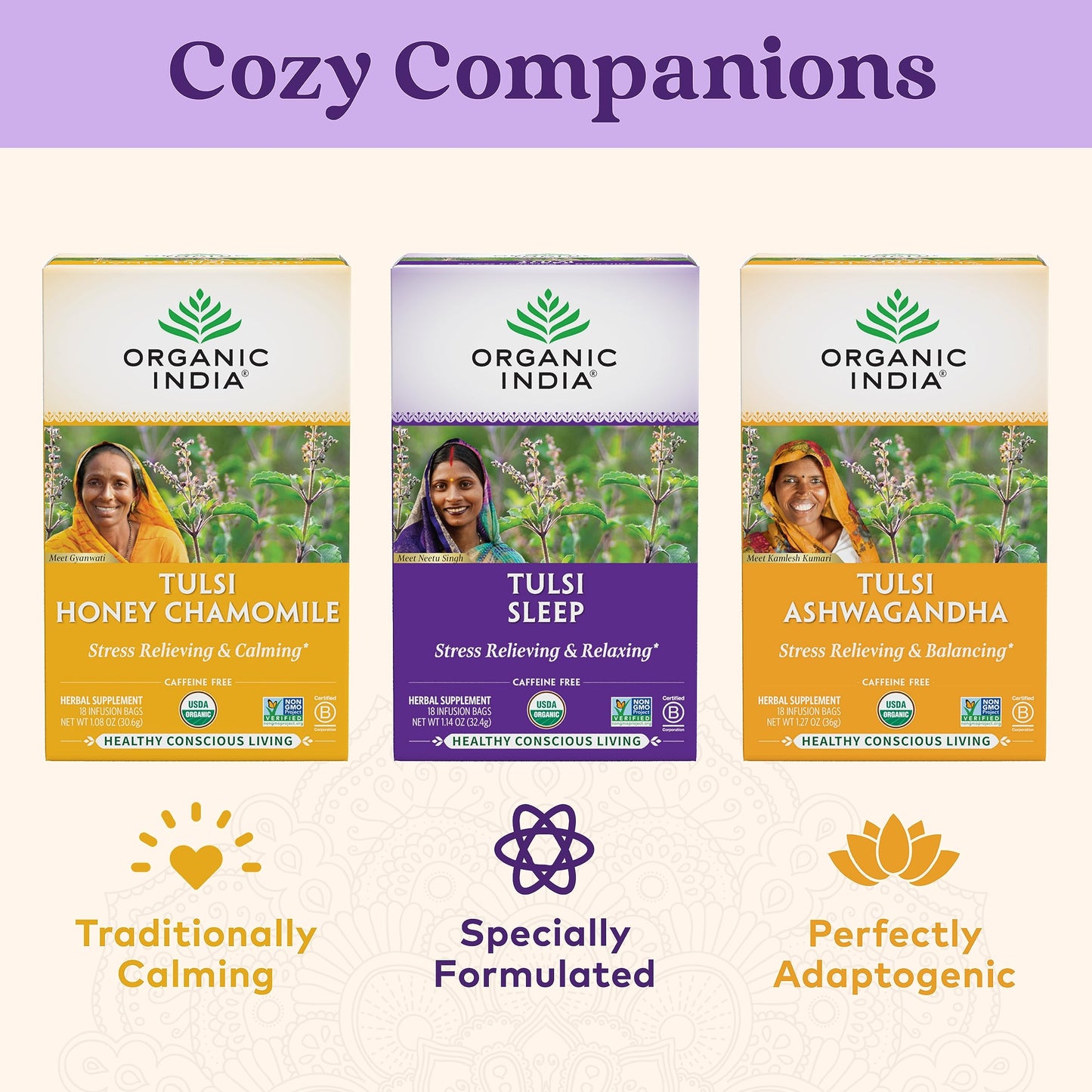 ORGANIC INDIA Tulsi Sleep Herbal Tea - Holy Basil, Ashwagandha, Chamomile, Night Time Tea for Bedtime, Stress Relieving & Relaxing, Immune Support, USDA Certified Organic - 18 Infusion Bags, 1 Pack
