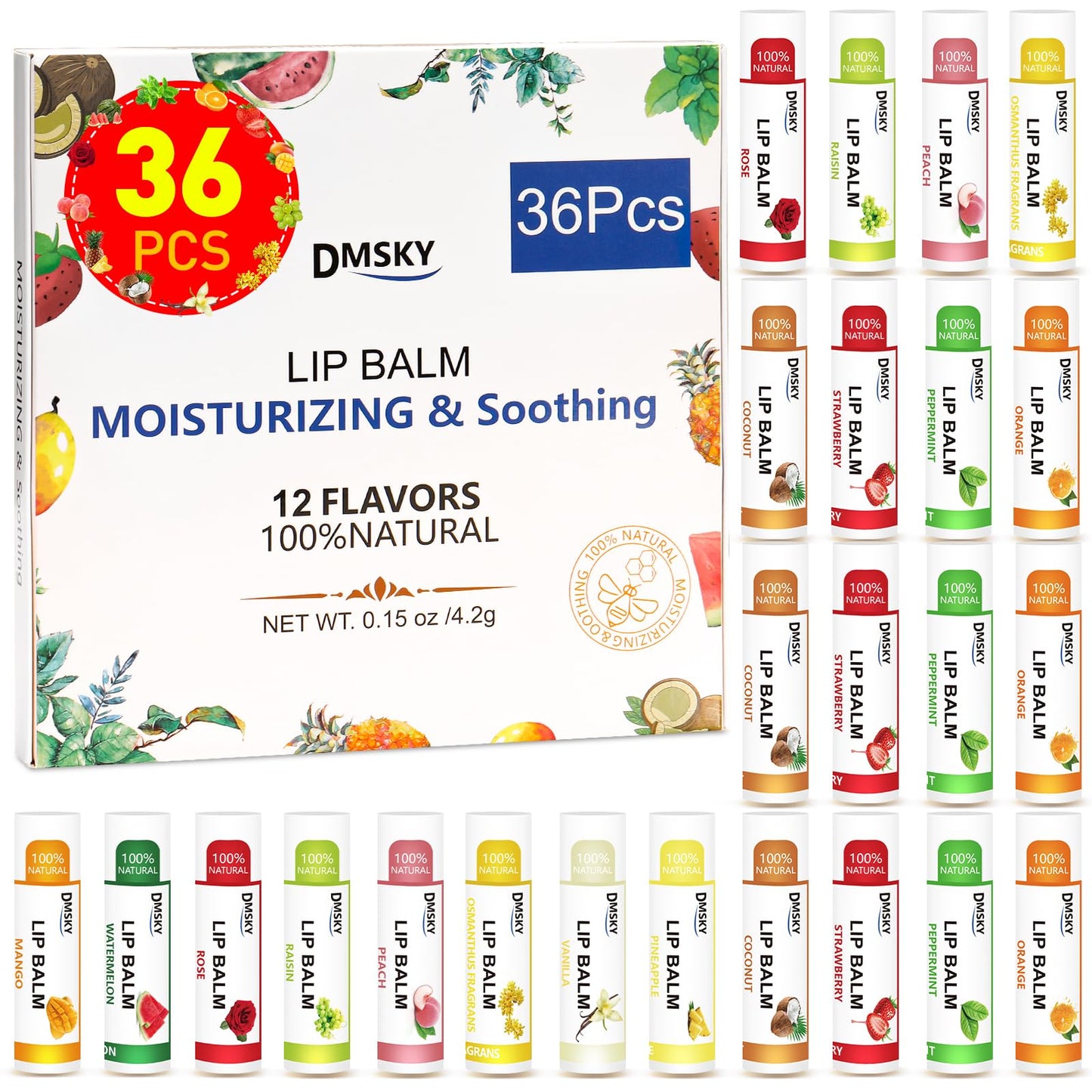 DMSKY Natural Lip Balm Bulk 36 Pack, Moisturizing Lip Balm with Vitamin E and Coconut Oil, Lip Care Product for Chapped Lips-12 Flavors