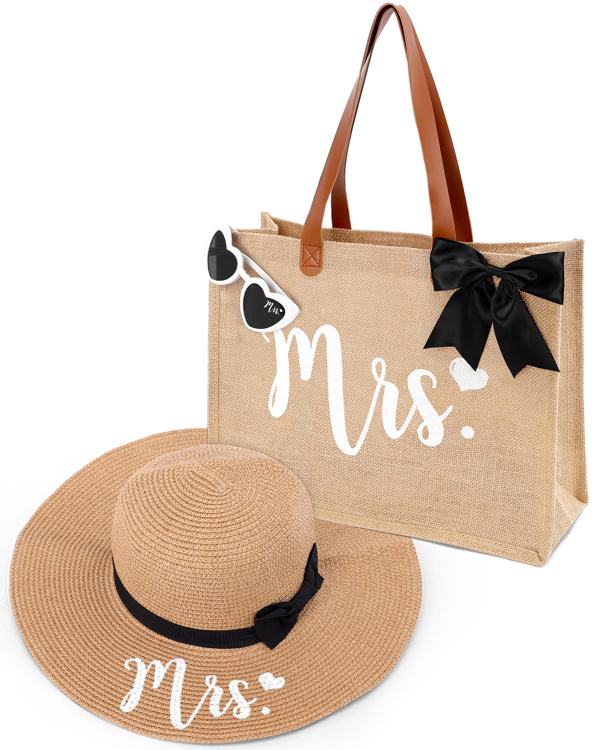 Percozzi Mrs. Tote Bag Sun Hat Glasses Set Bride-To-Be Bridal Shower Gift with Cute Heart Basket for Bride Wifey Honeymoon Jute Tote Bag Kit Summer Beach Present for Friend Set of 3