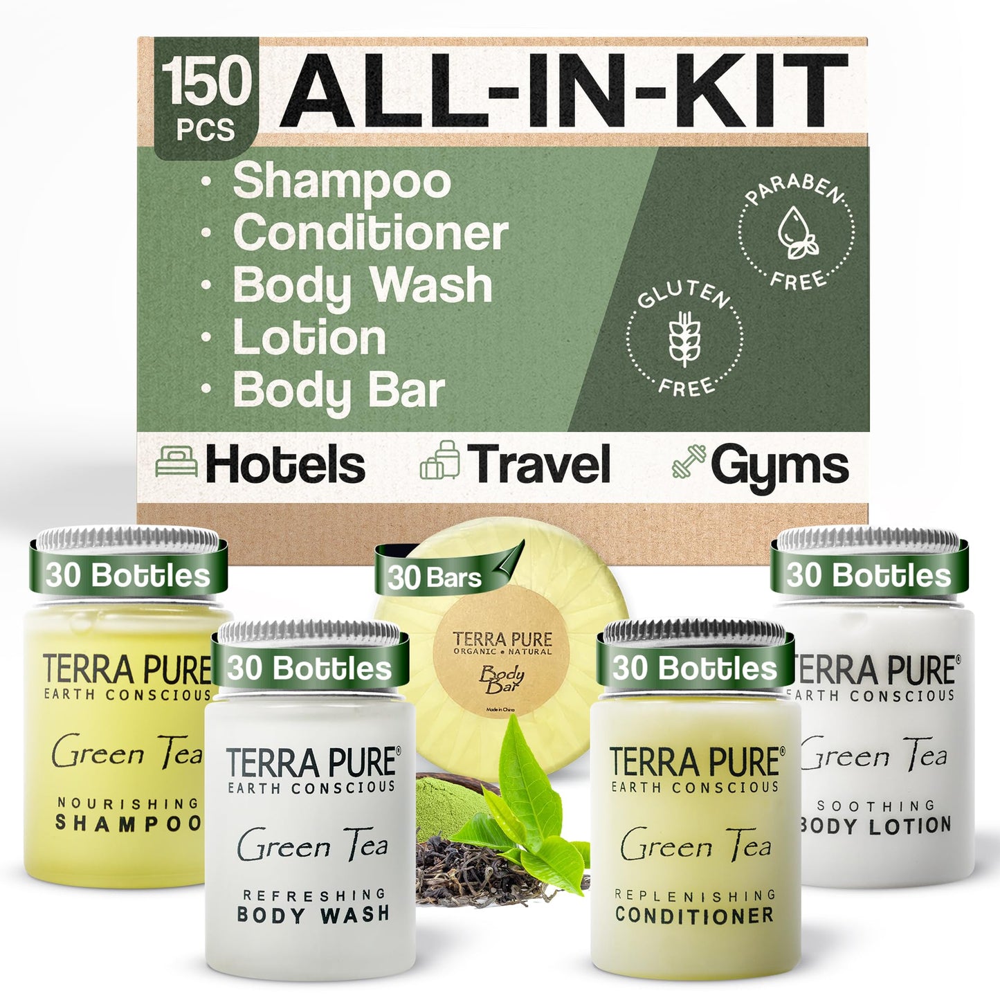 Terra Pure Hotel Soaps & Toiletries Bulk Set | 1-Shoppe Amenities Kit | 1oz Shampoo & Conditioner, Body Wash, Lotion, 1.25oz Bar Soap | Travel Size | 150 Pieces