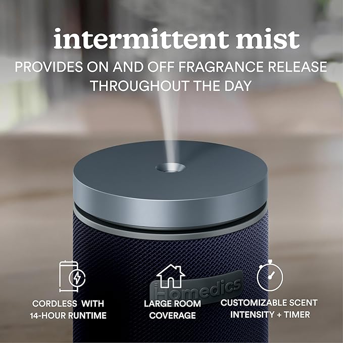 Homedics SereneScent Fabric Rechargeable Waterless Diffuser, Use with Homedics SereneScent Oil 120ml (Sold Separately) Cordless Aromatherapy, Adjustable Mist & Timer, 6 Calming Lights, Future Dusk