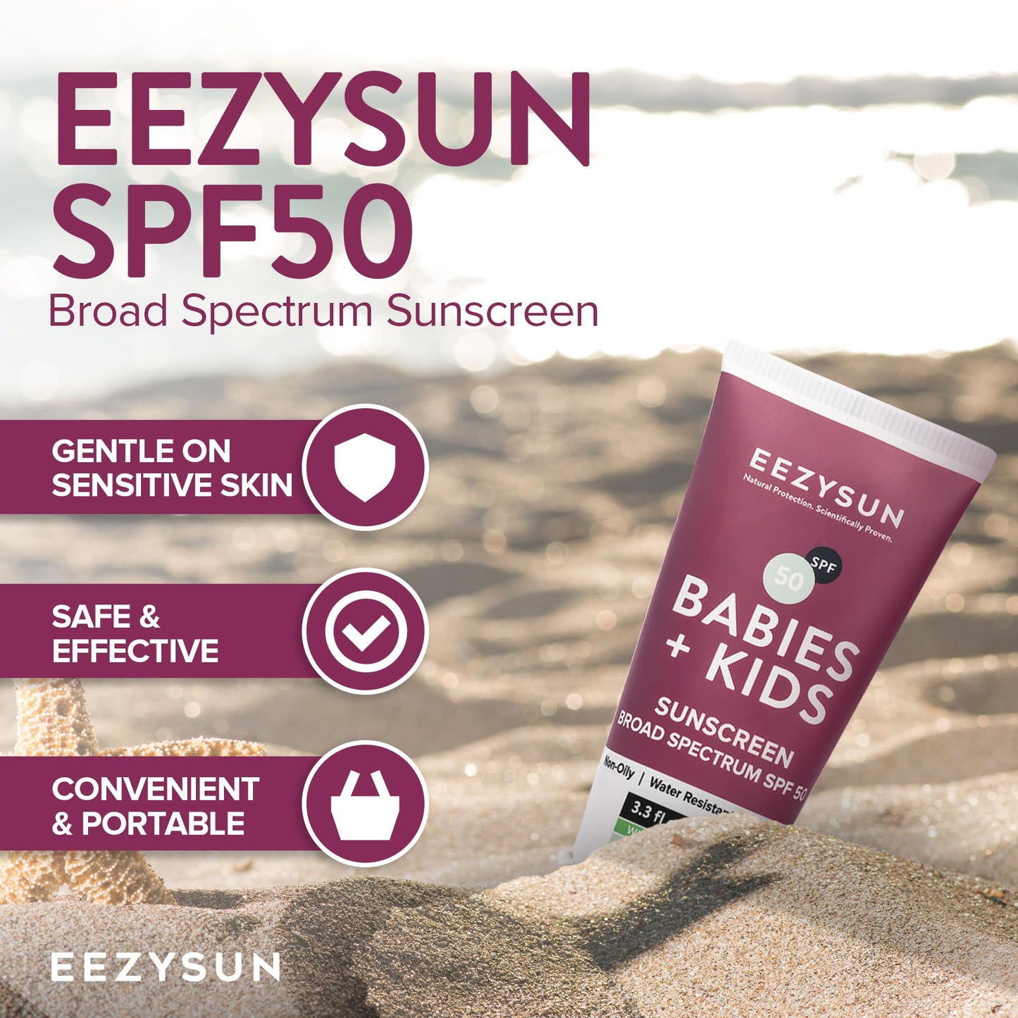EEZYSUN Babies & Kids SPF 50 Mineral Sunscreen | Dermatologically Tested for Sensitive Skin | Contains Aloe Vera | Sweat/Water Resistant | Cruelty-Free | Reef-Safe | Travel Size - 3.3 FL OZ