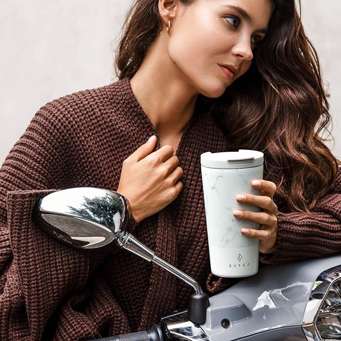 BURGA Travel Coffee Mug (16oz) – Spill-Proof, Secure-Seal Insulated Coffee Mug – Scratch-Resistant, Stainless Steel Travel Mug Stays Hot or Cold – Anti-Slip Coffee Tumbler – White Marble Travel Mug