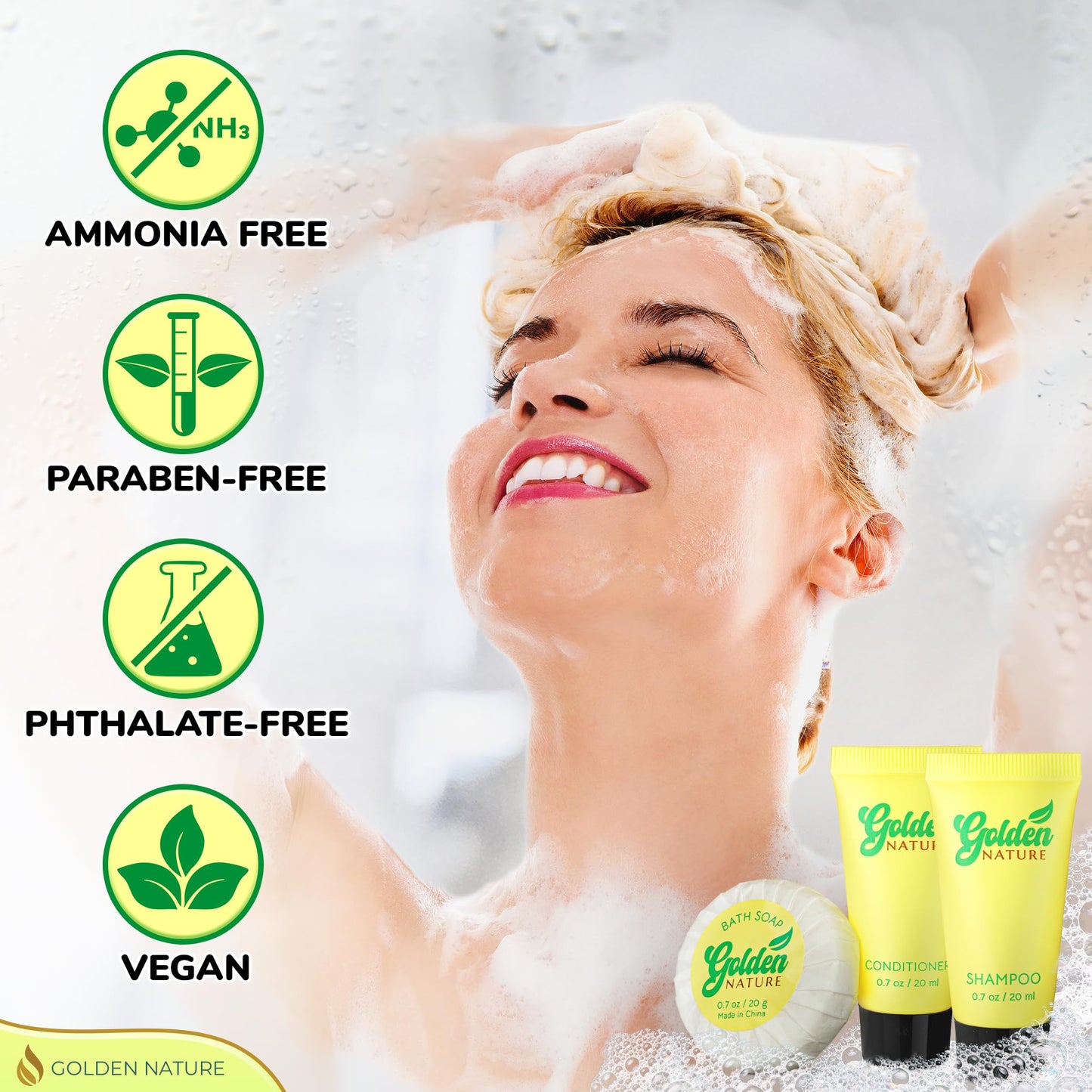 Golden Nature - Travel Size Soap, Shampoo & Conditioner Set - Jasmine, 0.7 oz each, 150 Pcs - 3-Piece Kit: 50 Round Bar Soap, 50 Shampoo & 50 Conditioner - Bulk Small Size Luxury Toiletries