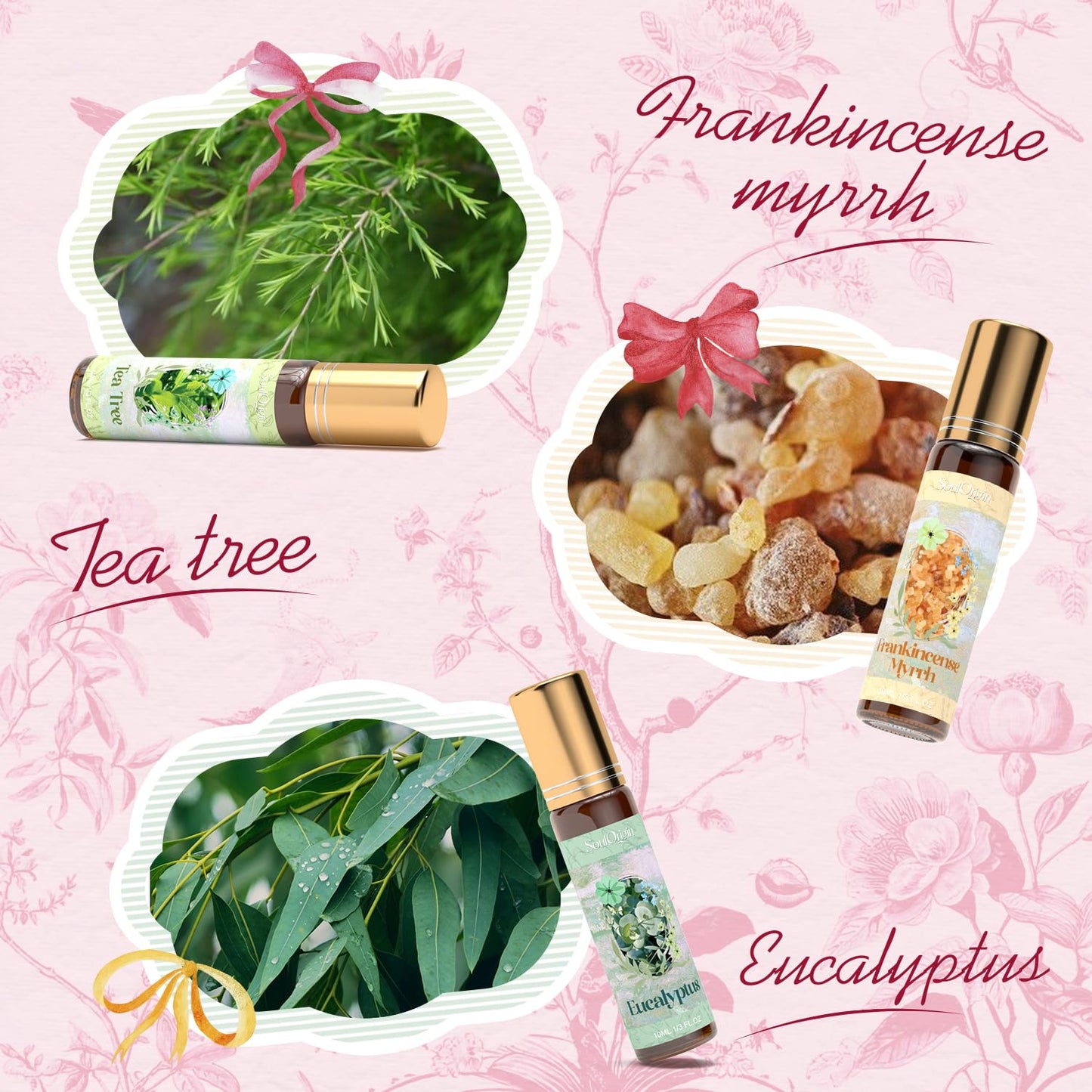 SoulOrigin Essential Oil Roll On Set, Natural Aromatherapy Oils with Portable Roller Ball for Skin Care- Tea Tree, Frankincense & Myrrh, Lavender, Peppermint, Eucalyptus, Lemon - Gifts for Women & Men