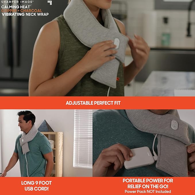 Calming Heat Neck Wrap by Sharper Image Copper & Charcoal Infused Personal Electric Neck Heating Pad with Vibrations, 3 Heat & 3 Vibration Settings- 9 Relaxing Combinations