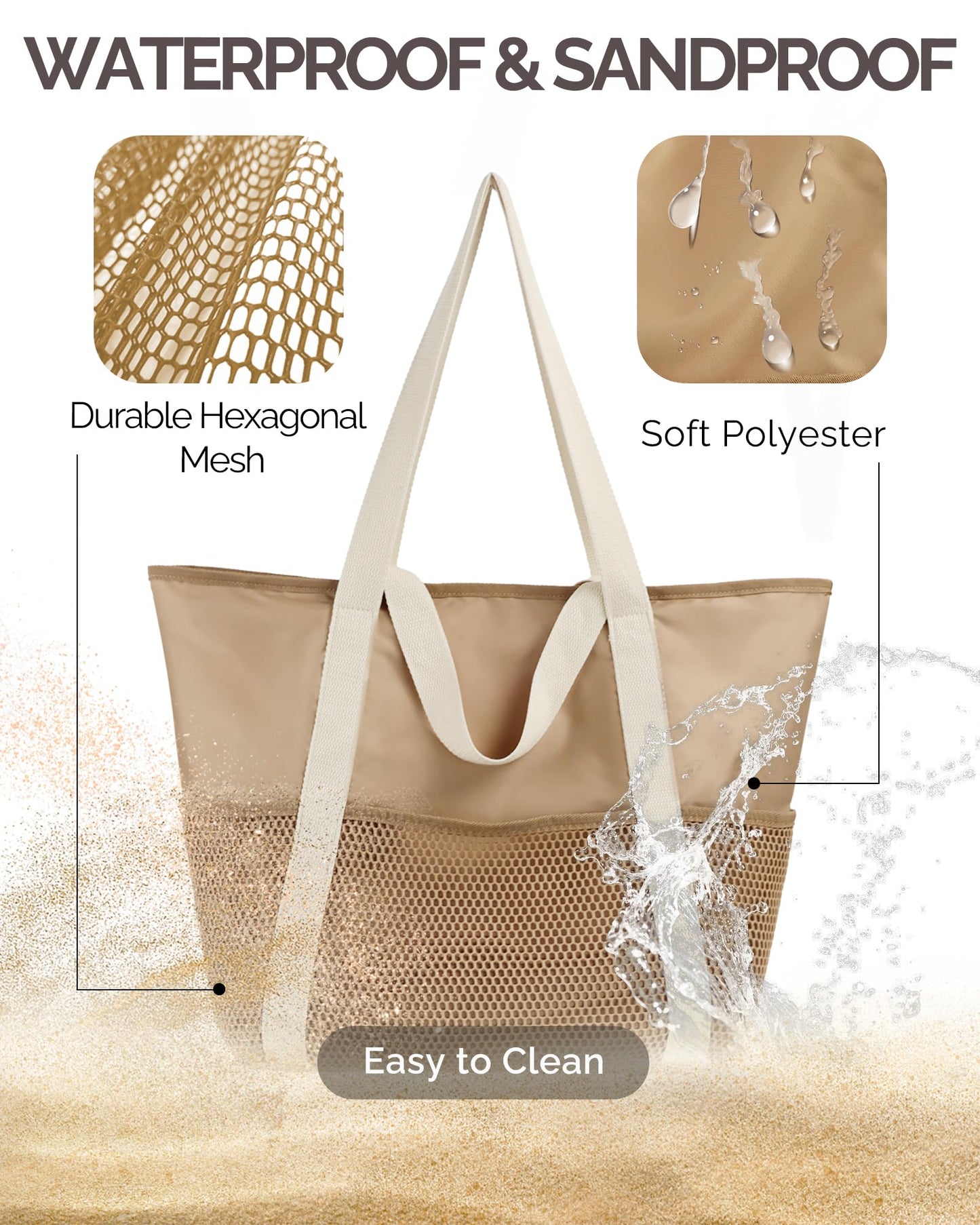 HOMESPON Beach Bag Large Waterproof Sandproof Foldable Tote Bag for Women with Zipper Mesh Pockets for Pool Cruise Travel Everyday (Khaki)