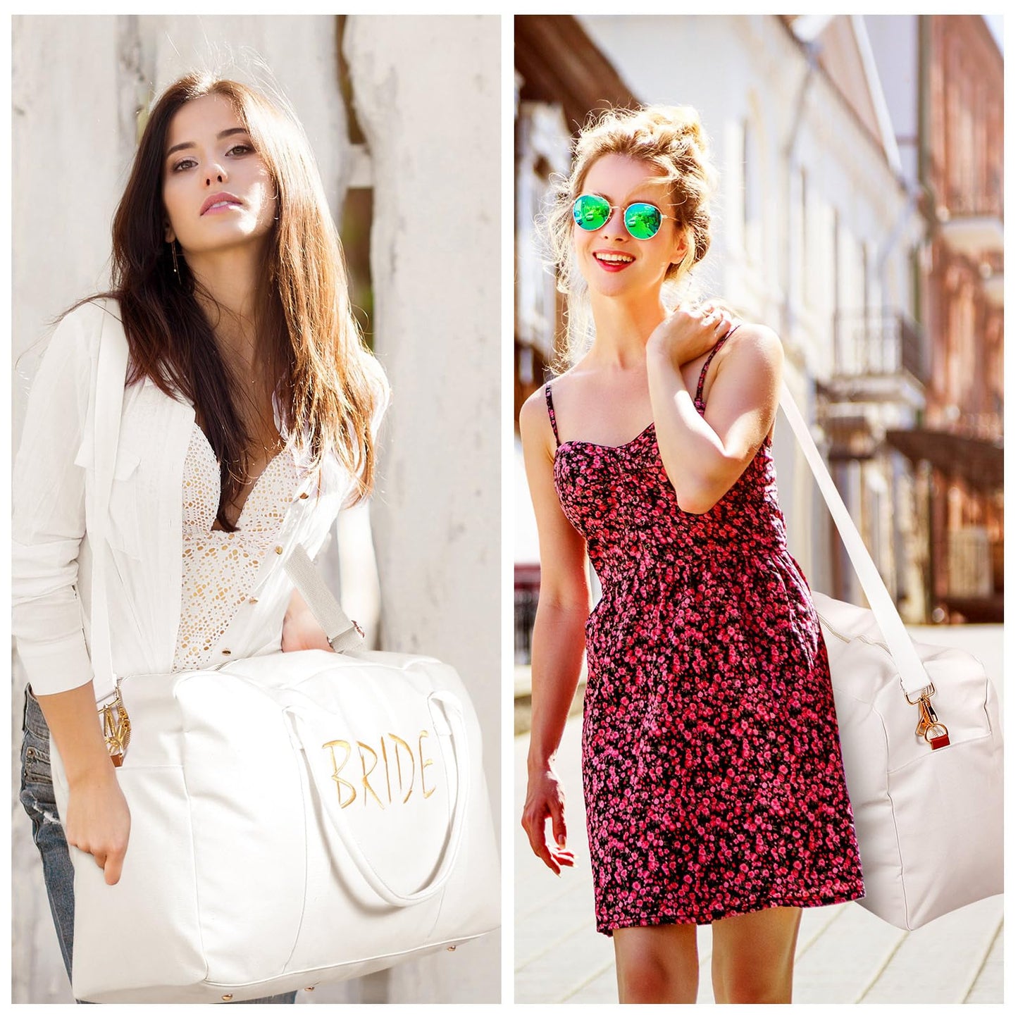 Cosblank 2 Pcs Wedding Weekender Bag for Women Bridal Shower Gifts Bride Travel with Shoe Compartment Shoulder Bride Bag with Chenille Letter Patch Makeup Gift for Wedding Engagement Honeymoon