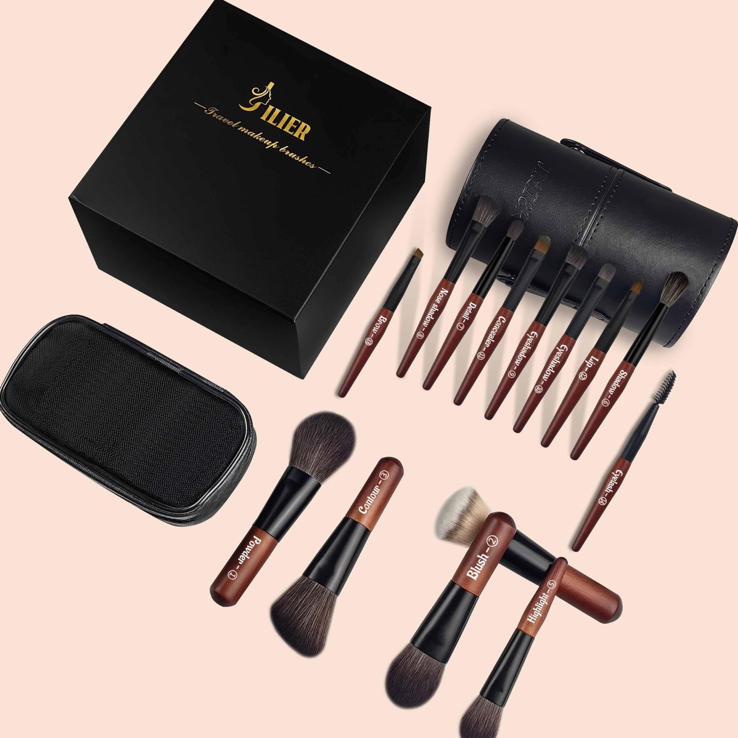Jilier Travel Makeup Brush Set, 14 pcs Mini Makeup Brushes for Foundation, Powder, Eyeshadow, Highlight, Contour, Blush & Concealer, Small Makeup Brush Set Purse Size with Case