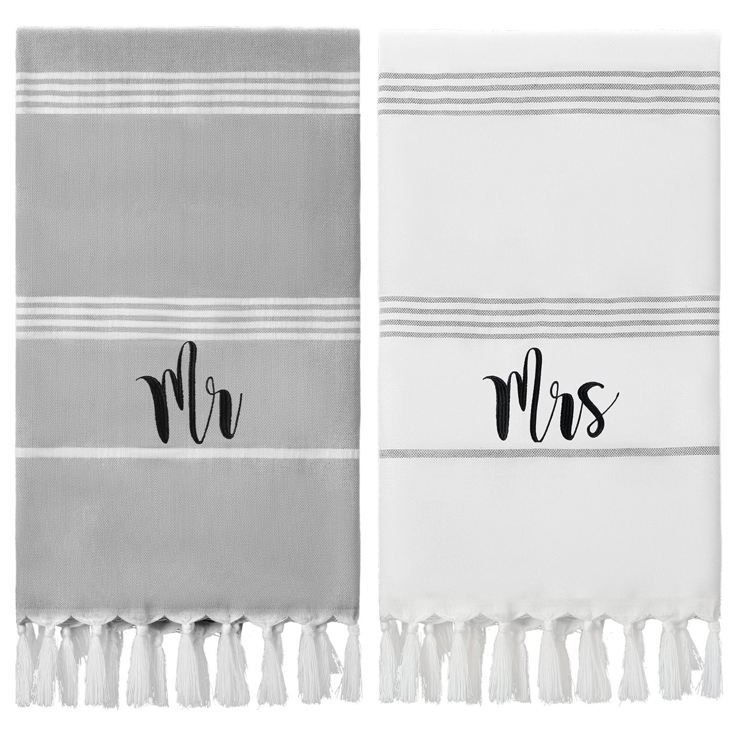 Preboun 2 Pcs Mr and Mrs Turkish Beach Towels Decorative Mr and Mrs Gift Embroidery Stripe Turkish Beach Towels for Honeymoon Newlywed Couple Wedding Gift 71 * 39 inch(Grey, White)