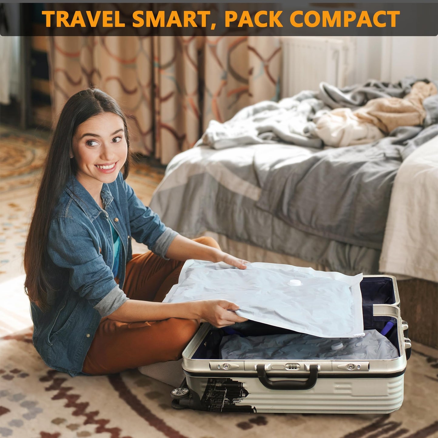 SUOCO Travel Vacuum Bags for Luggage and Backpack, 6 Medium Reusable Compression Bags with Wireless Electric Pump, Packing Seal Space Saver Storage Bags for Clothing, Carry on Suitcase