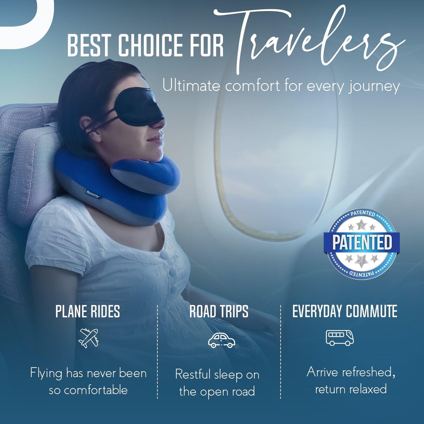 BCOZZY Travel Neck Pillow for Airplane – Patented Double Support for Head, Neck, and Chin. Best for Long Flights, Plane Sleeping, and Car Rides. Adjustable Size. Fully Washable. Carry Bag. Large, Navy