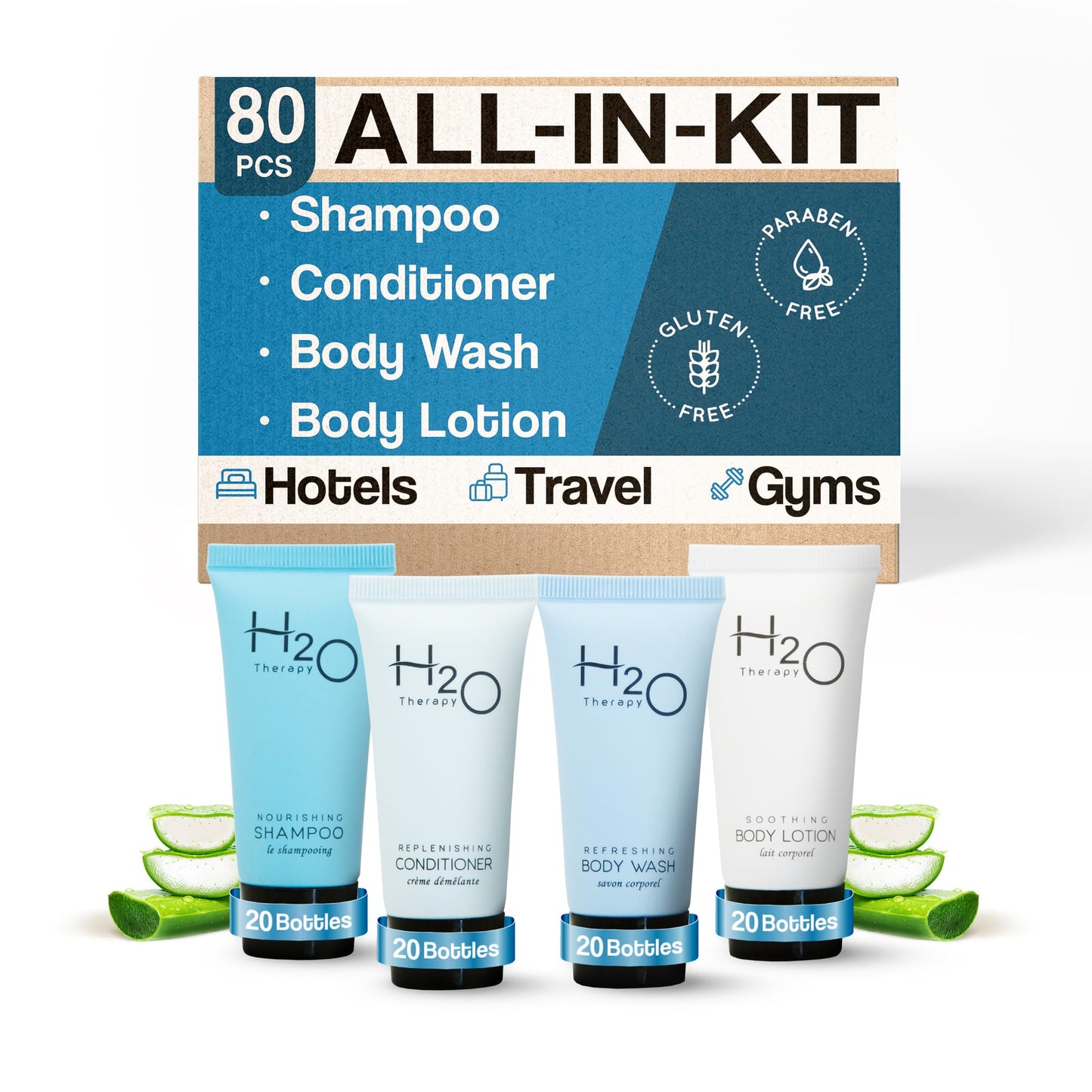 H2O Therapy Hotel Soaps & Toiletries Bulk Set | 1-Shoppe Amenities Kit | 0.85oz Shampoo & Conditioner, Body Wash, Lotion | Travel Size | 80 Pieces
