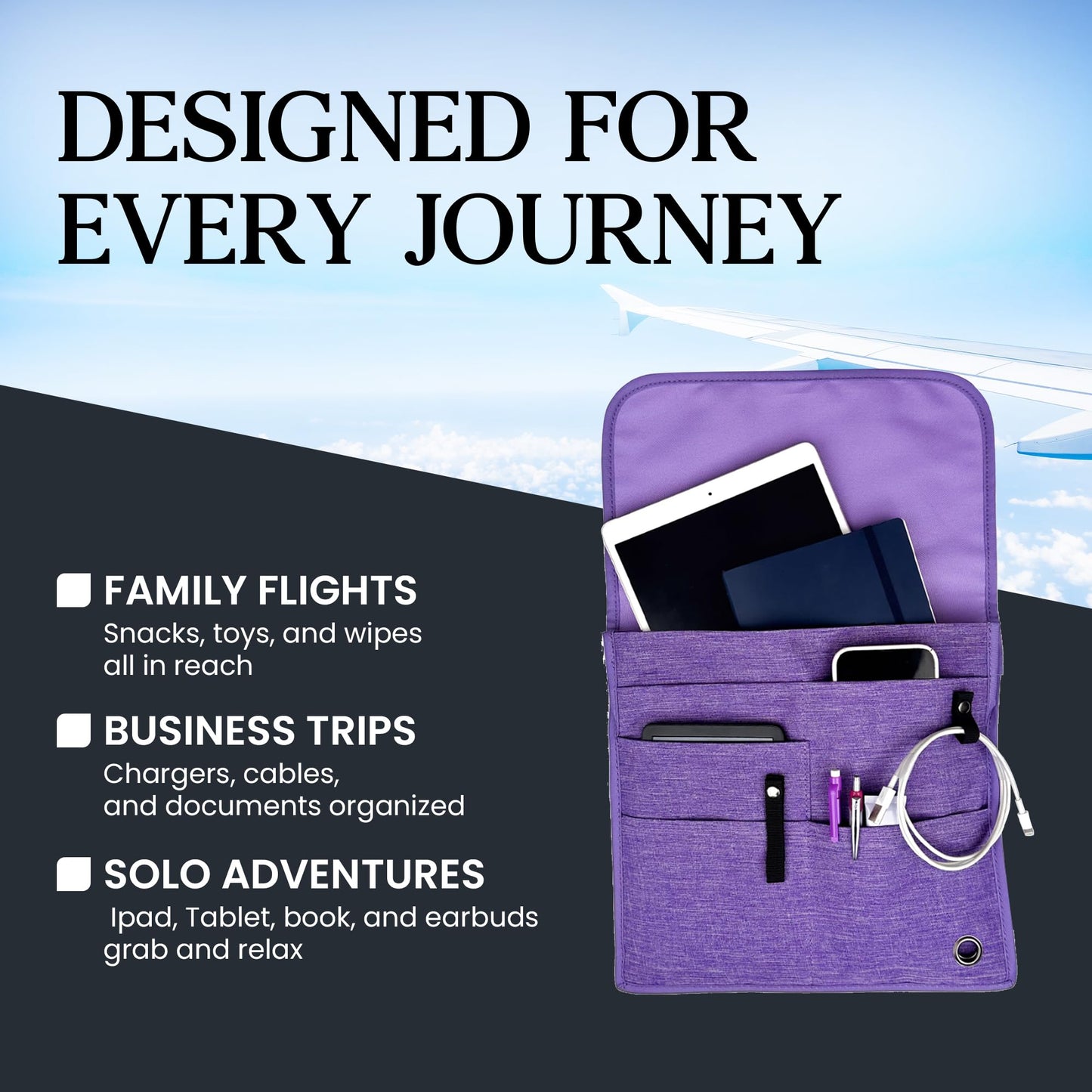 SO~MINE Airplane Pocket Organizer | Tray Table Cover | In Flight Seat Back Organizer Bag | Commuter Essential Travel Bag | Media Pouch For Flying | Travel Gift | Attaches To Luggage (Purple)