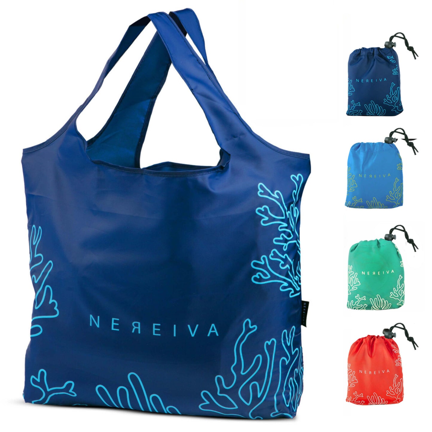 Nereiva 4 Pack Foldable Grocery Bags into Tiny Pouch - Large Capacity Multi-Color, Great for Travel, Durable, Washable Packable Shopping Bag, Comes with a carry pouch, Lightweight