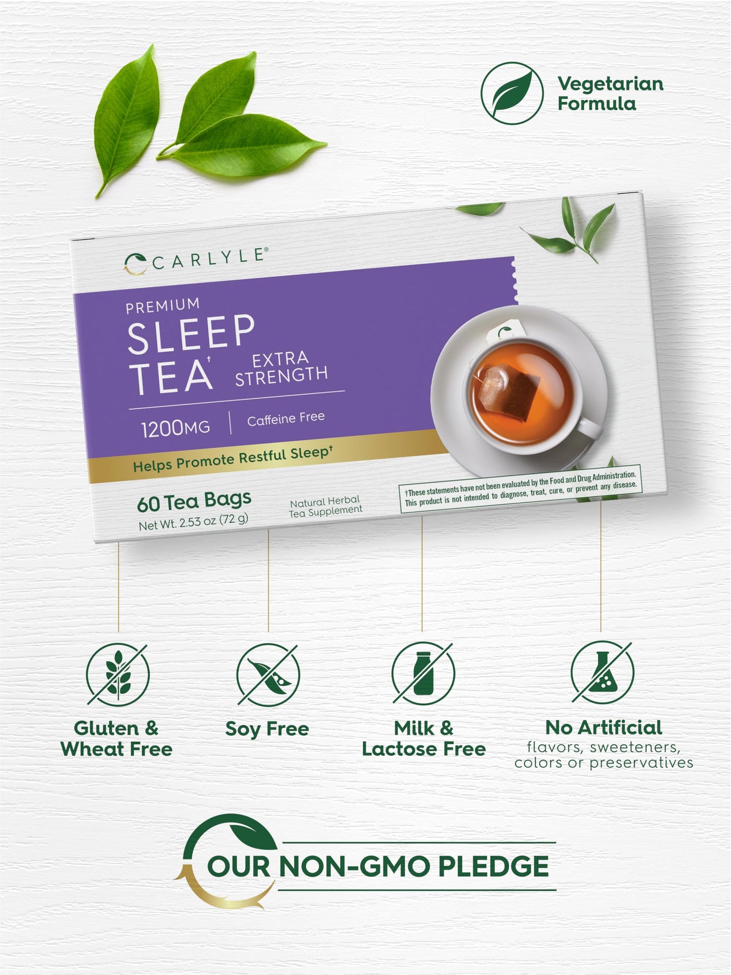 Carlyle Sleep Tea for Bedtime Extra Strength | 60 Bags | Caffeine Free | Herbal Blend with Valerian Root | Vegetarian, Non-GMO & Gluten Free