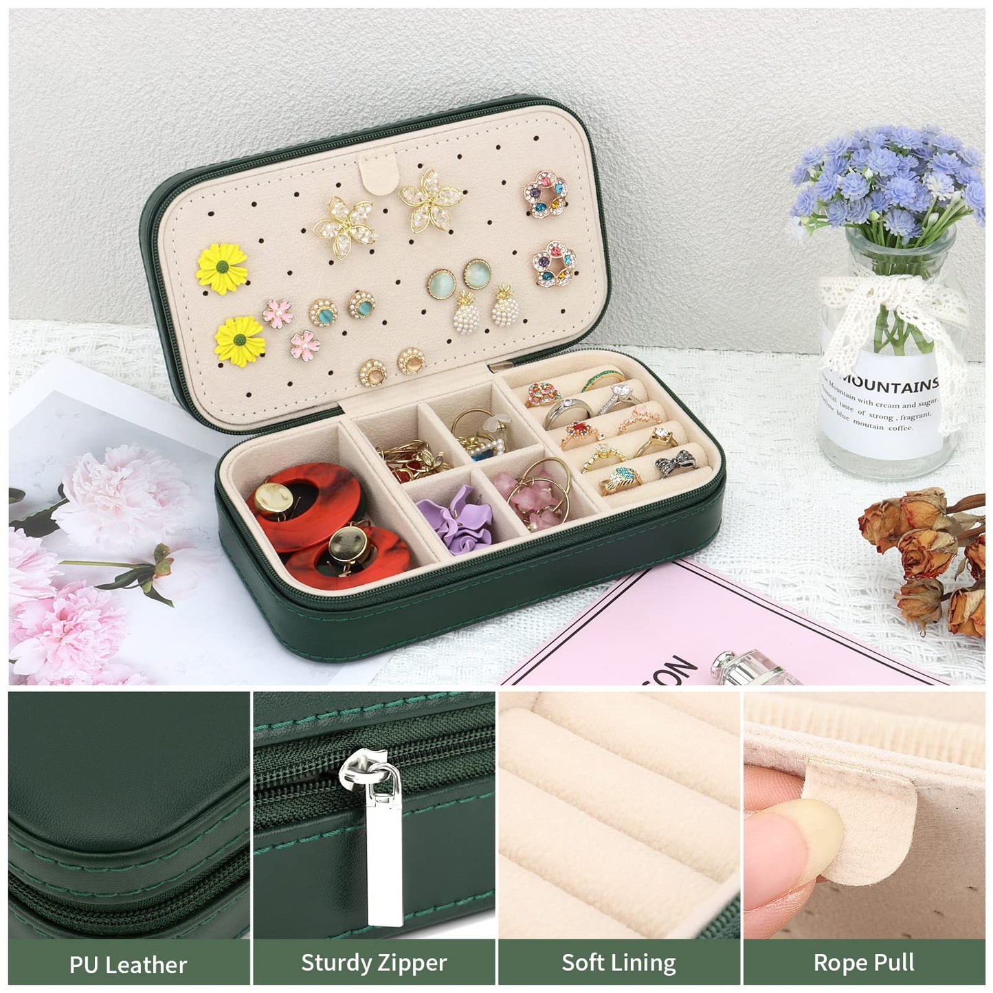 DesignSter Travel Jewelry Box, PU Leather Portable Jewelry Case, Small Jewelry Boxes for Gifts, Travel Jewelry Organizer for Women Rings Earrings Necklaces Bracelets (Dark Green)
