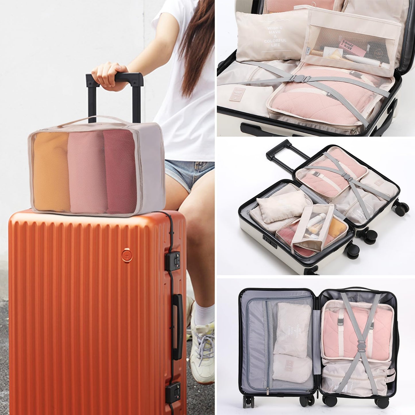 Packing Cubes Storage Bags 11 Pieces-Luggage Organizers Classify Store Clothing Efficiently for Travel Outdoor Home (Beige, 11 Pieces)