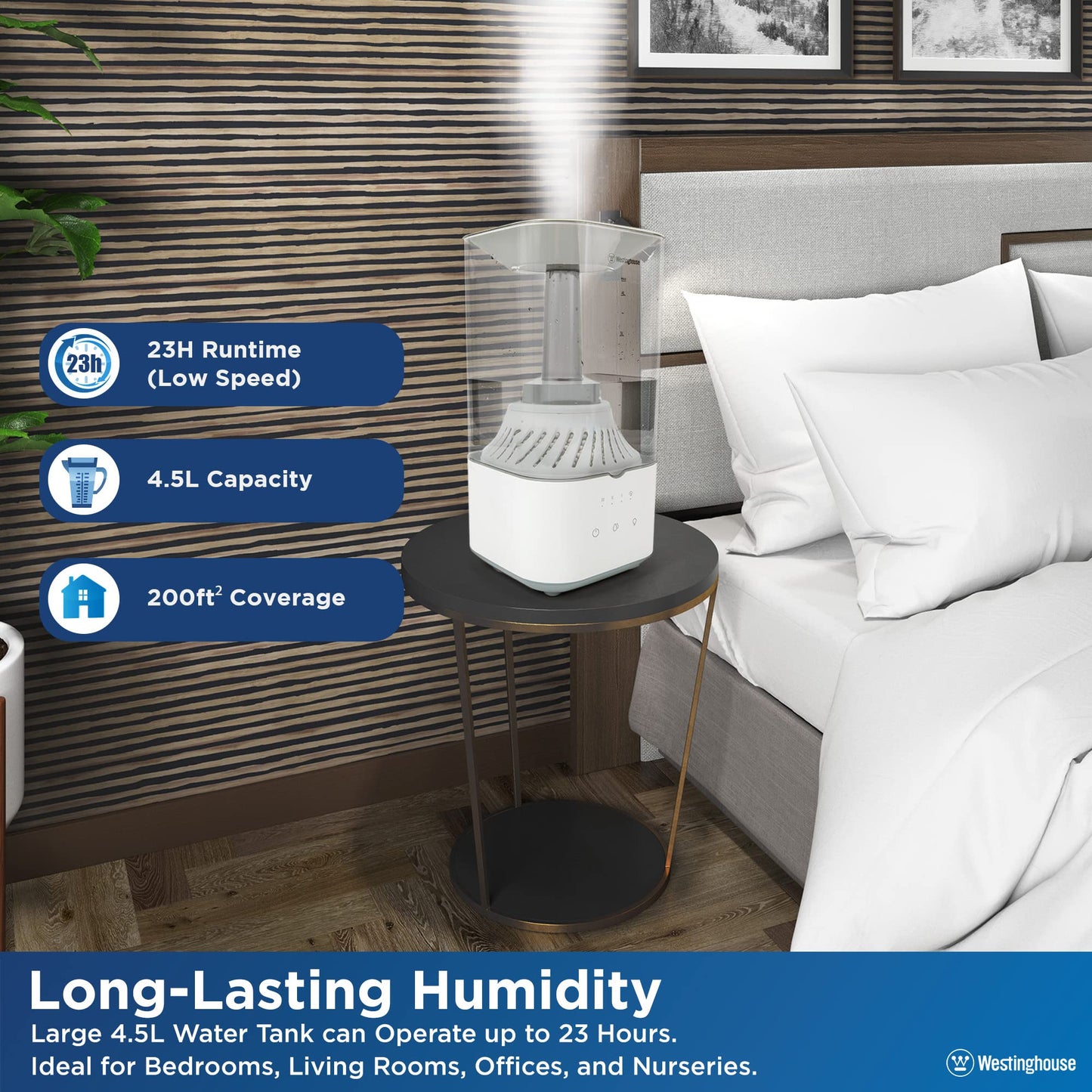 Westinghouse Ultrasonic Cool Mist Adjustable Humidifier, 4.5L Top Fill with LED Night Light and Touch Button Control