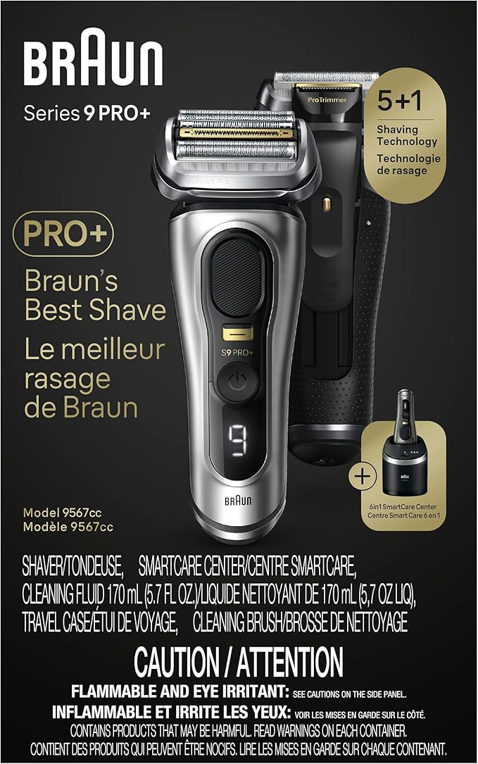 Braun Series 9 PRO+ Electric Razor for Men, 5 Pro Shave Elements & Precision Long Hair Trimmer, 6in1 SmartCare Center, Wet & Dry Electric Razor for Smooth Skin with 60min Battery Runtime, 9567cc