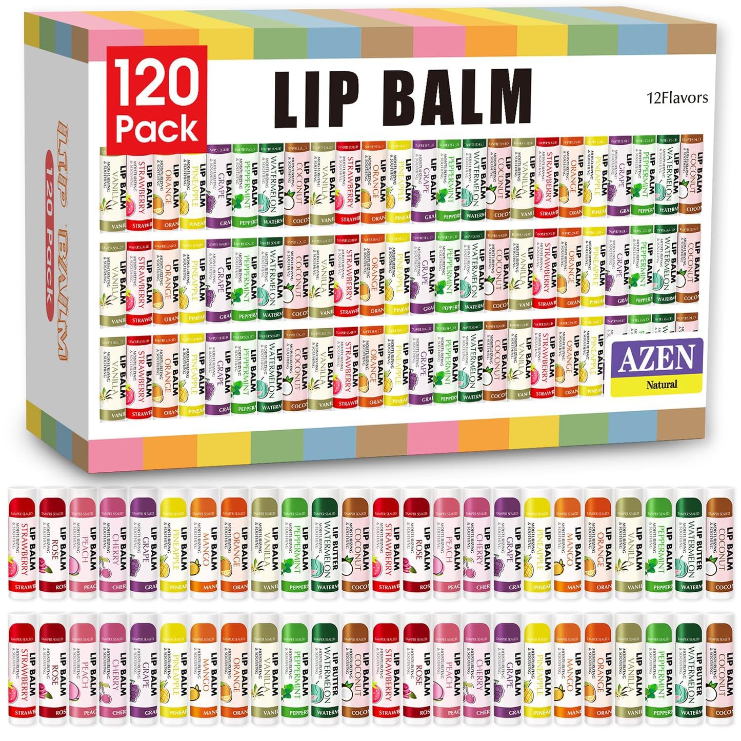 AZEN 120 Pack Lip Balm, Natural Lip Balm Bulk, Lip Care Product, Moisturizing Lip Balms for dry cracked lips - 12 Flavors