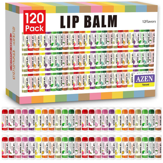 AZEN 120 Pack Lip Balm, Natural Lip Balm Bulk, Lip Care Product, Moisturizing Lip Balms for dry cracked lips - 12 Flavors