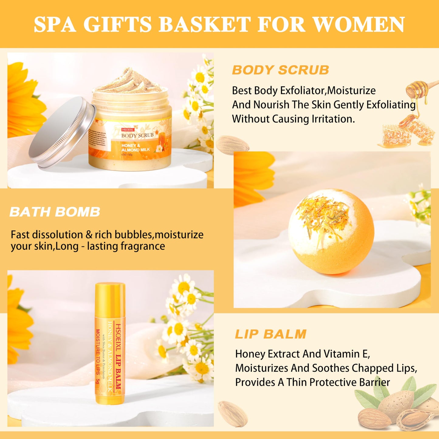 Gifts for Women, Birthday Gifts for Women, 9 Pc Almond Milk & Honey Bath and Body Gifts Set, Self Care Gifts Spa Gifts Basket, Relaxing Bath Sets for Mom, Girlfriend, Sister, Female Friends, Coworker