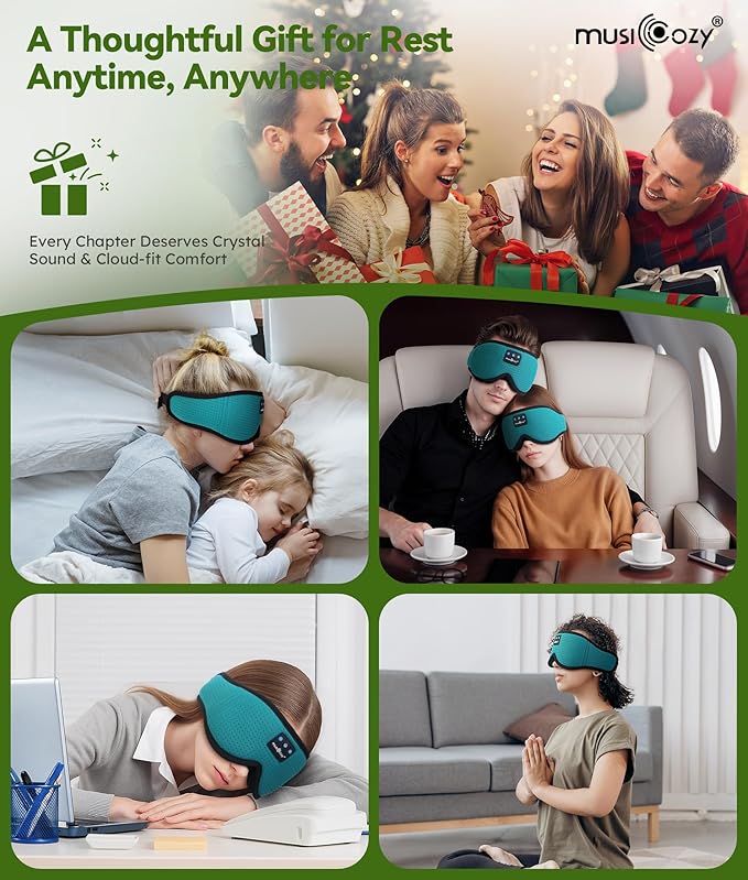 MUSICOZY Sleep Headphones Breathable Bluetooth Headband 3D Sleeping Headphones, Wireless Music Eye Mask Sleep Earbuds for Side Sleeper Women,Men Office Air Travel Cool Tech Gadgets Unique Gifts Green