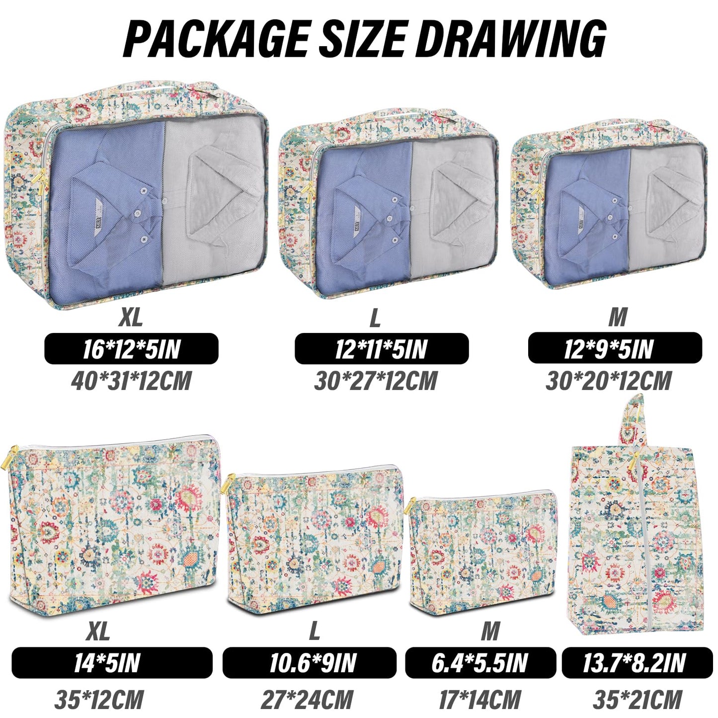 BHAHB 7 Set Packing Cubes Travel Luggage Organizers for Suitcase Travel Accessories with Shoe Bag for Girls Women Aesthetic Cute Boho Bohemian-Green Floral