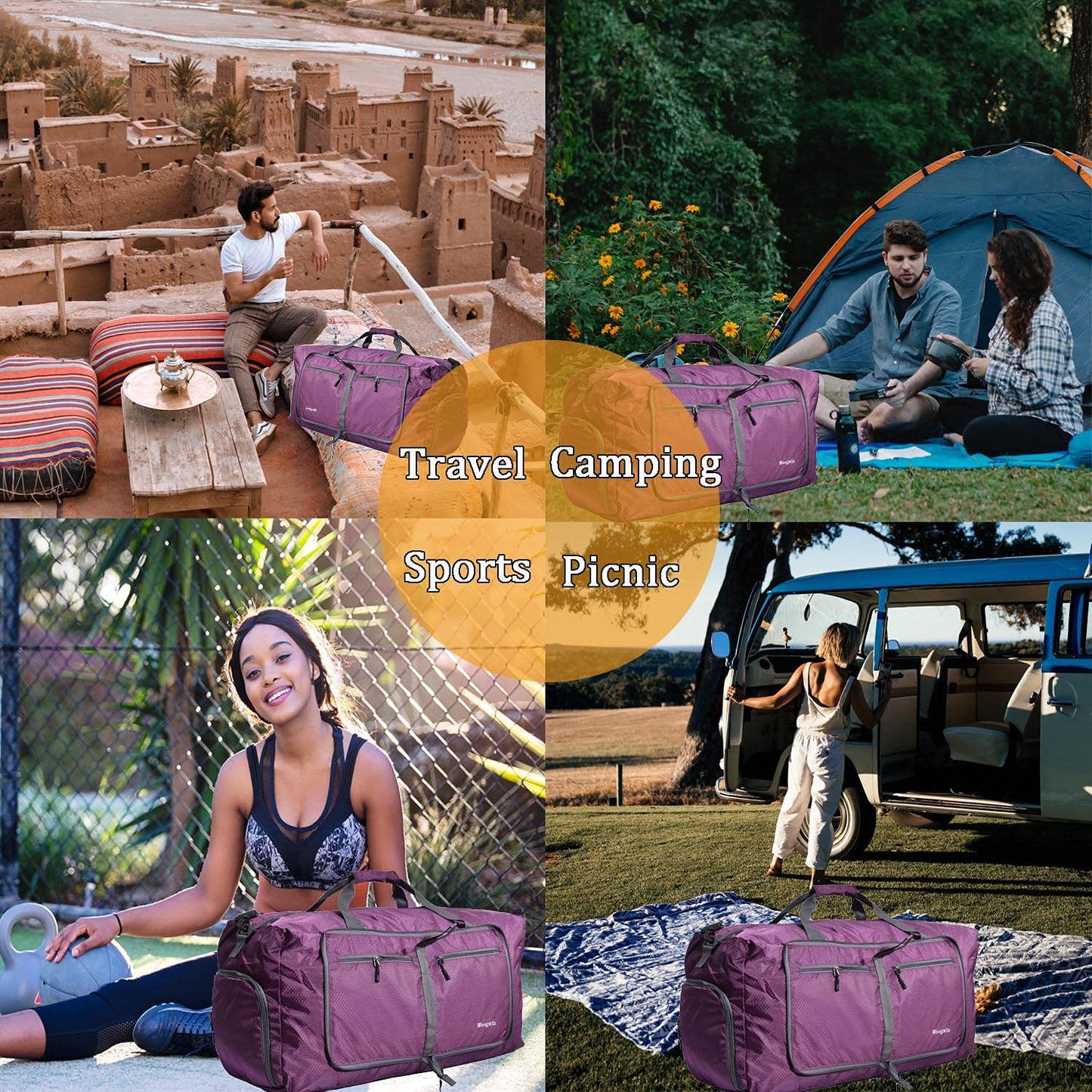 Woogwin Travel Duffel Bag Large Foldable Waterproof Overnight Bag for Beach Swim Bags Pool Sports Gym (60L Purple)