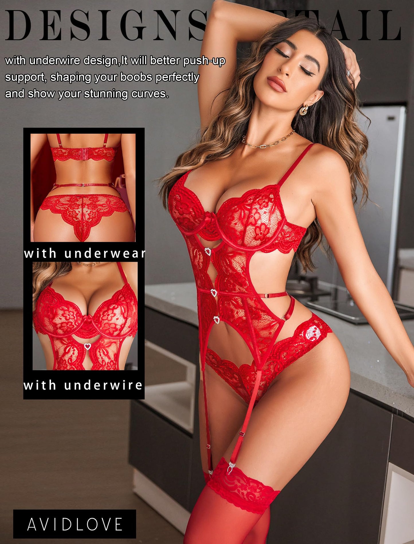 Avidlove Women Sexy Lingerie Set with Garter Belt Red Lace Bodysuit Cut Out Rhinestone Underwire Teddy with Panty (No Stockings)