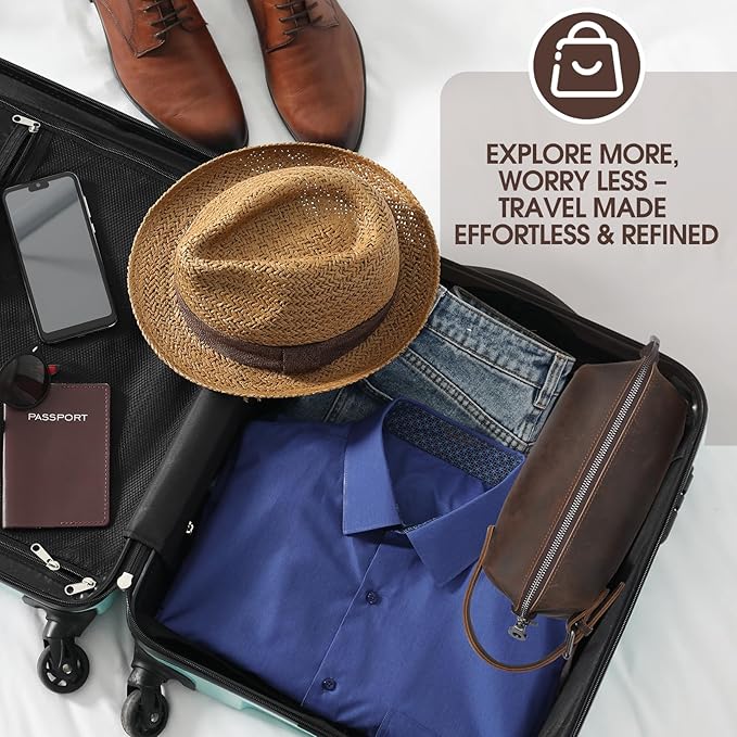 100% Genuine Leather Toiletry Bag for Men - Premium Handmade Crazy Horse Grain Leather - Best Gift for Men- Travel Toiletry Organizer - Shaving Bag for Toiletry Hanging Dopp Kit for Father Husband