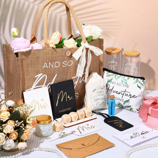 Hushee 14 Pcs Wedding Honeymoon Gift for Couple Mr Mrs Bridal Shower Engagement Favors with Glass Date Night Dice Passport Holder Baggage Tag Tote Bag Bottle Cosmetic Bag Envelope Candle Envelope